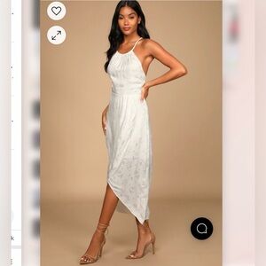 LULUS | NWT REMARKABLE MOMENTS WHITE FLORAL JACQUARD SATIN TULIP MIDI DRESS XS